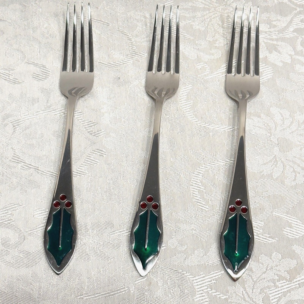 3 Dinner Forks Cambridge Stainless Holly Christmas Holiday Berries Set Lot